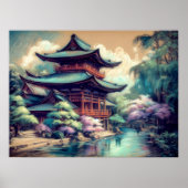 Pastel Zeichne asiatische Pagode und Landschaft Poster (Vorne)