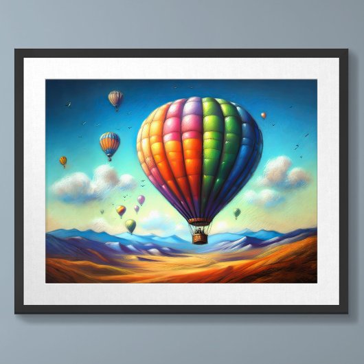 Pastel Zeichne Heißluftballons über Landschaft Poster