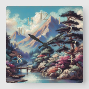 Pastel Zeichnend antikes asiatisches Landschaftsge Quadratische Wanduhr