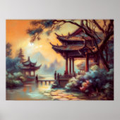 Pastel Zeichnend antikes chinesisches Pagoda-Dorf Poster (Vorne)