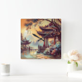 Pastel Zeichnend antikes chinesisches Pagoda-Dorf Quadratische Wanduhr (Zuhause)