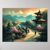 Pastel Zeichnend Asiatische Pagode und Brücke Poster (Vorne)