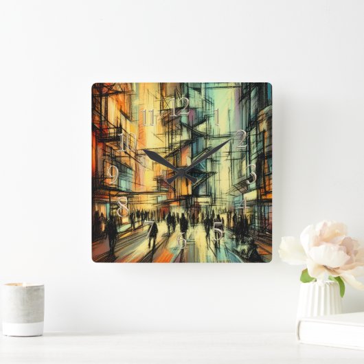 Pastel Zeichnend futuristische Comic Style City Quadratische Wanduhr (Zuhause)