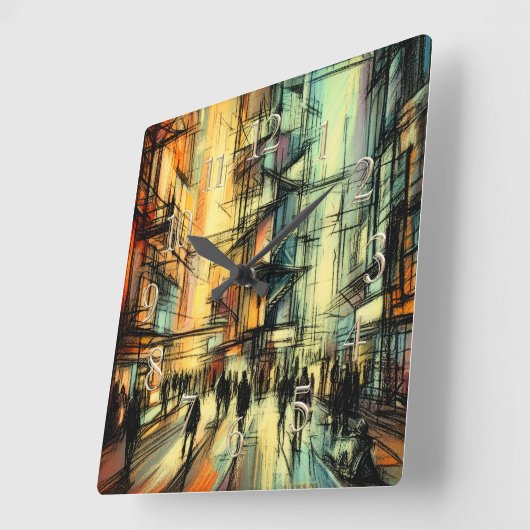 Pastel Zeichnend futuristische Comic Style City Quadratische Wanduhr (Winkel)