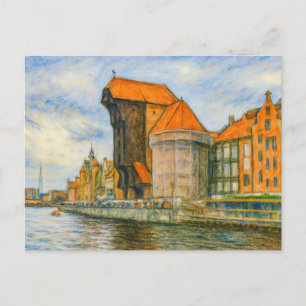 Pastel zeichnend historisches Krantor Danzig in da Feiertagspostkarte