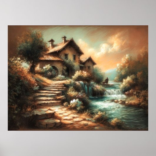 Pastel Zeichnend Vintages Landschaftshaus Poster (Vorne)