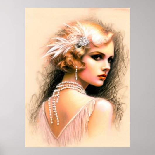 Pastel Zeichnete die Flapper Girl Blonde der 1920e Poster (Vorne)