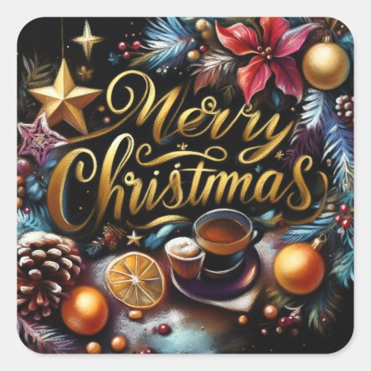 Pastel Zeichnete eines Weihnachtsbeiches Quadratischer Aufkleber (Vorderseite)