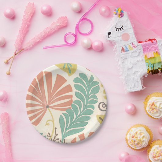 Pastelblumenreben und Blätter auf Cremeuntergrund Pappteller (Party)