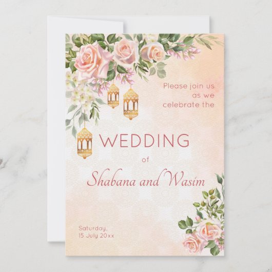Pastelcreme Rose marokkanische Laternen Hochzeit Einladung (Vorderseite)