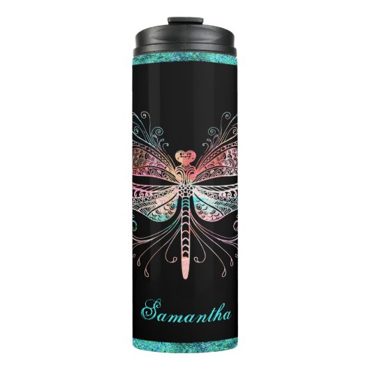 Pastell Abstrakt Dragonfly Black Thermosbecher (Vorderseite)