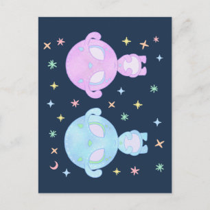 Pastell-Alien-Zwillingsschwestern Süße kosmische Postkarte