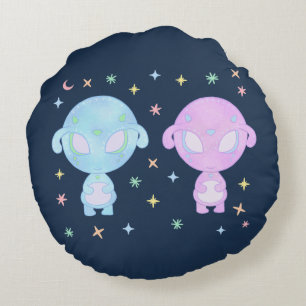 Pastell-Alien-Zwillingsschwestern Süße kosmische Rundes Kissen