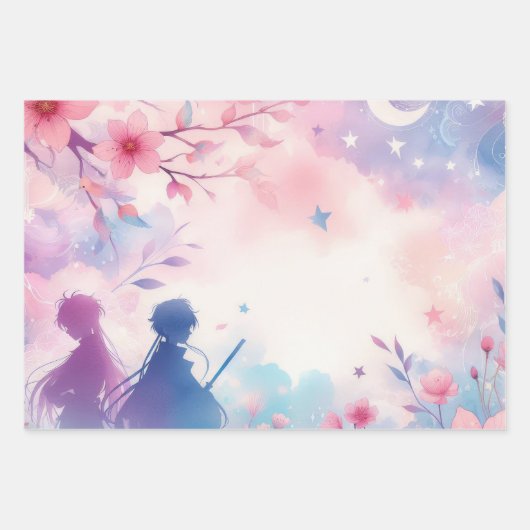 Pastell Anime Illustriert Wrapping Paper Geschenkpapier Set (Vorderseite)