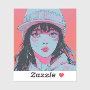 Pastell-Anime-Mädchen in Beanie-Kunst Aufkleber