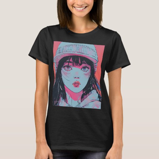 Pastell-Anime-Mädchen-mit-Strickmütze-Kunst T-Shirt (Vorderseite)