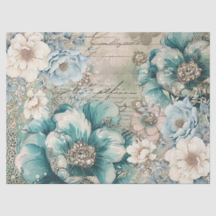 Pastell Aquamarin & Blue Watercolor Florals Tissue Seidenpapier