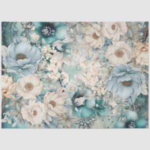Pastell Aquamarin & Blue Watercolor Florals Tissue Seidenpapier