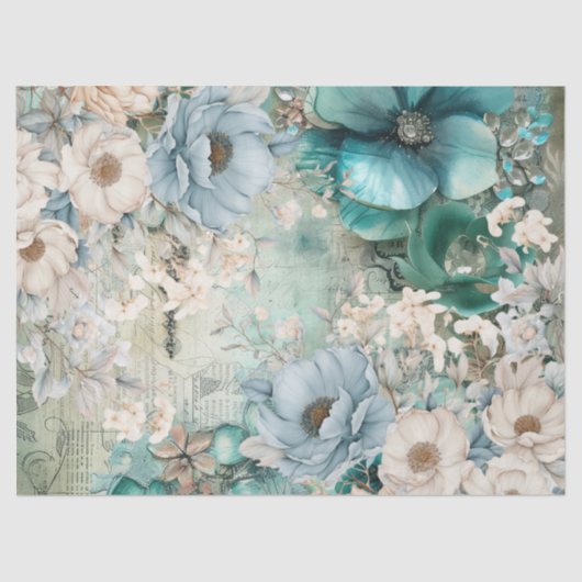 Pastell Aquamarin & Blue Watercolor Florals Tissue Seidenpapier (Vorderseite)