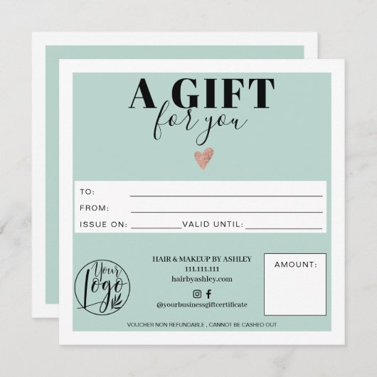 Pastell aquamarines blaues Quadrat Geschenkzertifi (Vorne/Hinten)