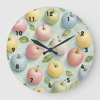 Pastell-Aquarell-Apfel-Frucht-Botanisches Muster Große Wanduhr