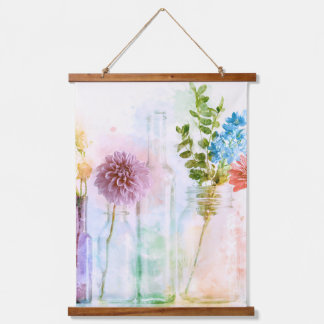 Pastell-Aquarell-Blumenflaschen Stillleben mit Blu Wandteppich Mit Holzrahmen