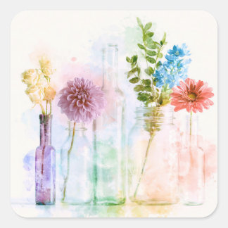 Pastell-Aquarell-Blumenflaschen Stillleben Quadratischer Aufkleber
