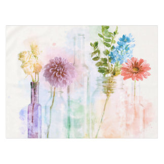 Pastell-Aquarell-Blumenflaschen Stillleben Tischdecke