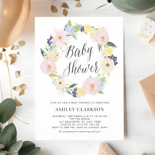 Pastell-Aquarell-Blumenkranz-Baby-Party Einladung