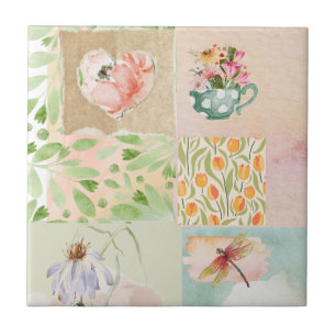 Pastell Aquarell Blüten und natürliche Collage Kun Fliese