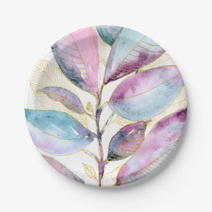 Pastell-Aquarell-Botanik-Blätter-Spiralblock Pappteller