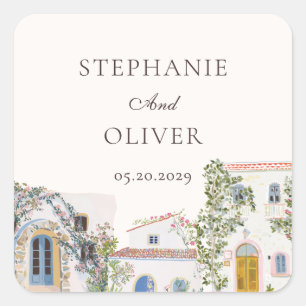 Pastell-Aquarell-Mittelmeer-Italienische Hochzeit Quadratischer Aufkleber