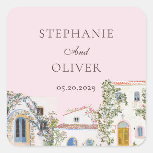 Pastell-Aquarell-Mittelmeer-Italienische Hochzeit Quadratischer Aufkleber
