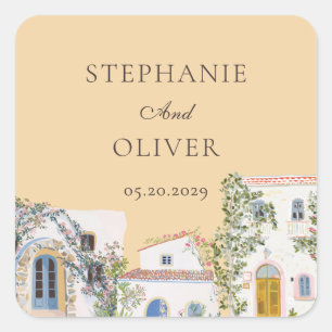 Pastell-Aquarell-Mittelmeer-Italienische Hochzeit Quadratischer Aufkleber