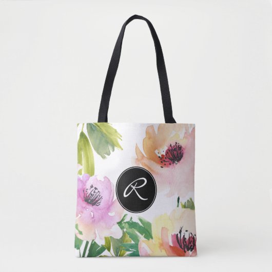 Pastell Aquarell Rose Floral mit Monogramm Tasche (Vorderseite)