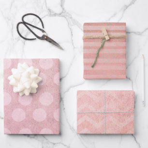 Pastell-Aquarell-Roségold-Polka-Streifen Geschenkpapier Set