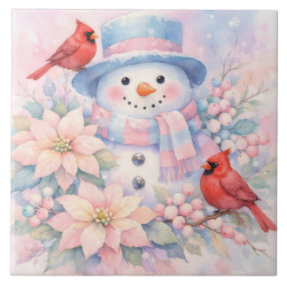 Pastell-Aquarell-Schneemann, Weihnachtsstern und K Fliese