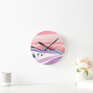 Pastell-Aquarell-Ski-Berg-Sonnenuntergang Runde Wanduhr