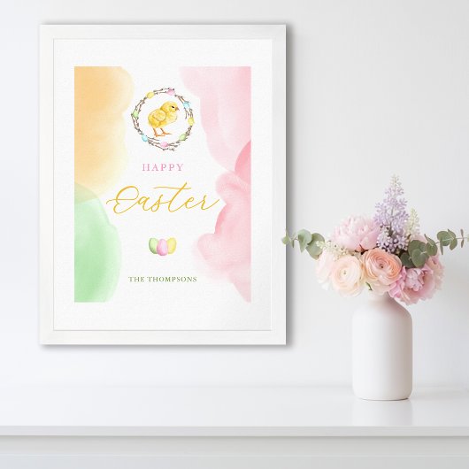 Pastell-Aquarell-Spritzer und Küken Frohe Ostern Poster