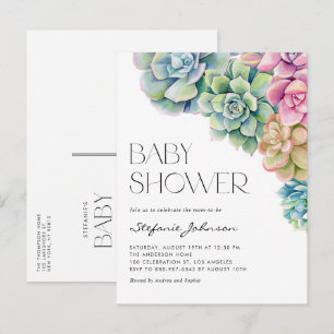 Pastell-Aquarell-Sukkulenten Sommer-Baby-Party Einladungspostkarte
