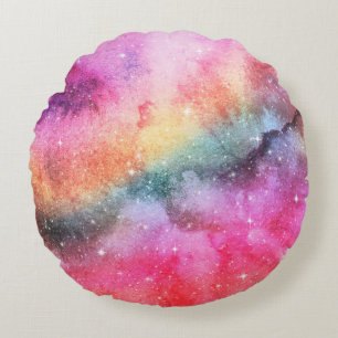 Pastell-Aquarell- und Galaxie-Nebel-Abstraktmuster Rundes Kissen