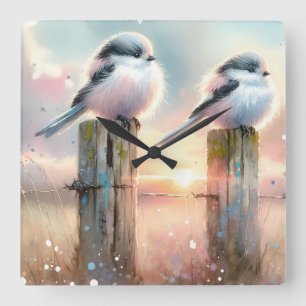 Pastell-Aquarell-Vögel Zaunpfosten Sonnenuntergang Quadratische Wanduhr