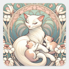 Pastell Art Nouveau Mutter Katze und Kätzchen Quadratischer Aufkleber