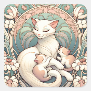 Pastell Art Nouveau Mutter Katze und Kätzchen Quadratischer Aufkleber