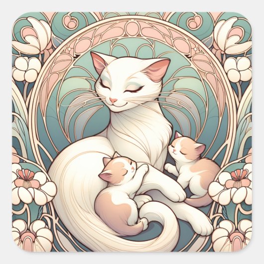 Pastell Art Nouveau Mutter Katze und Kätzchen Quadratischer Aufkleber (Vorderseite)
