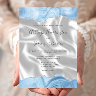 Pastell Babyblau Silber Achat Weiß Seide Hochzeit Einladung