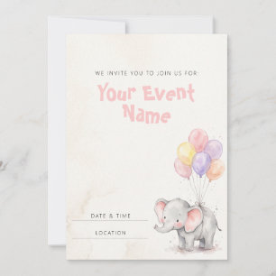Pastell-Ballon-Baby-Elefant-Aquarell Einladung