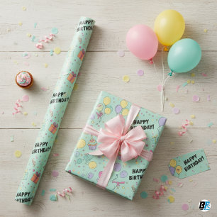 Pastell-Ballon- und Cupcake-Geburtstagswünsche Geschenkpapier