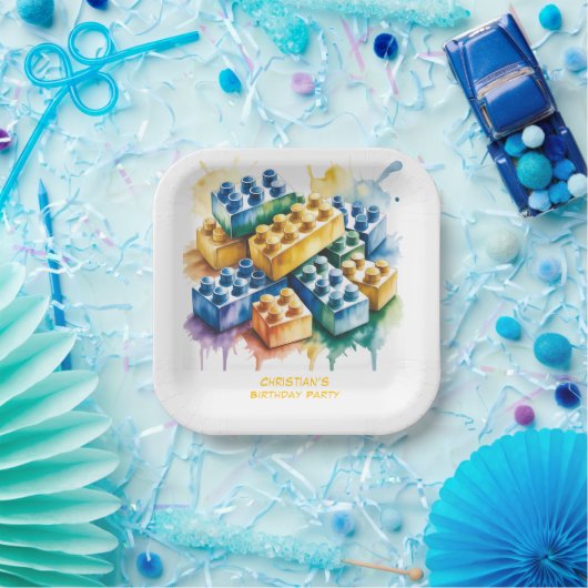 Pastell-Baustein-Splash-Jungen-Geburtstagsfeier Pappteller (Party)