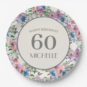 Pastell Blau Lila Rosa Floral 60. Geburtstag Pappteller